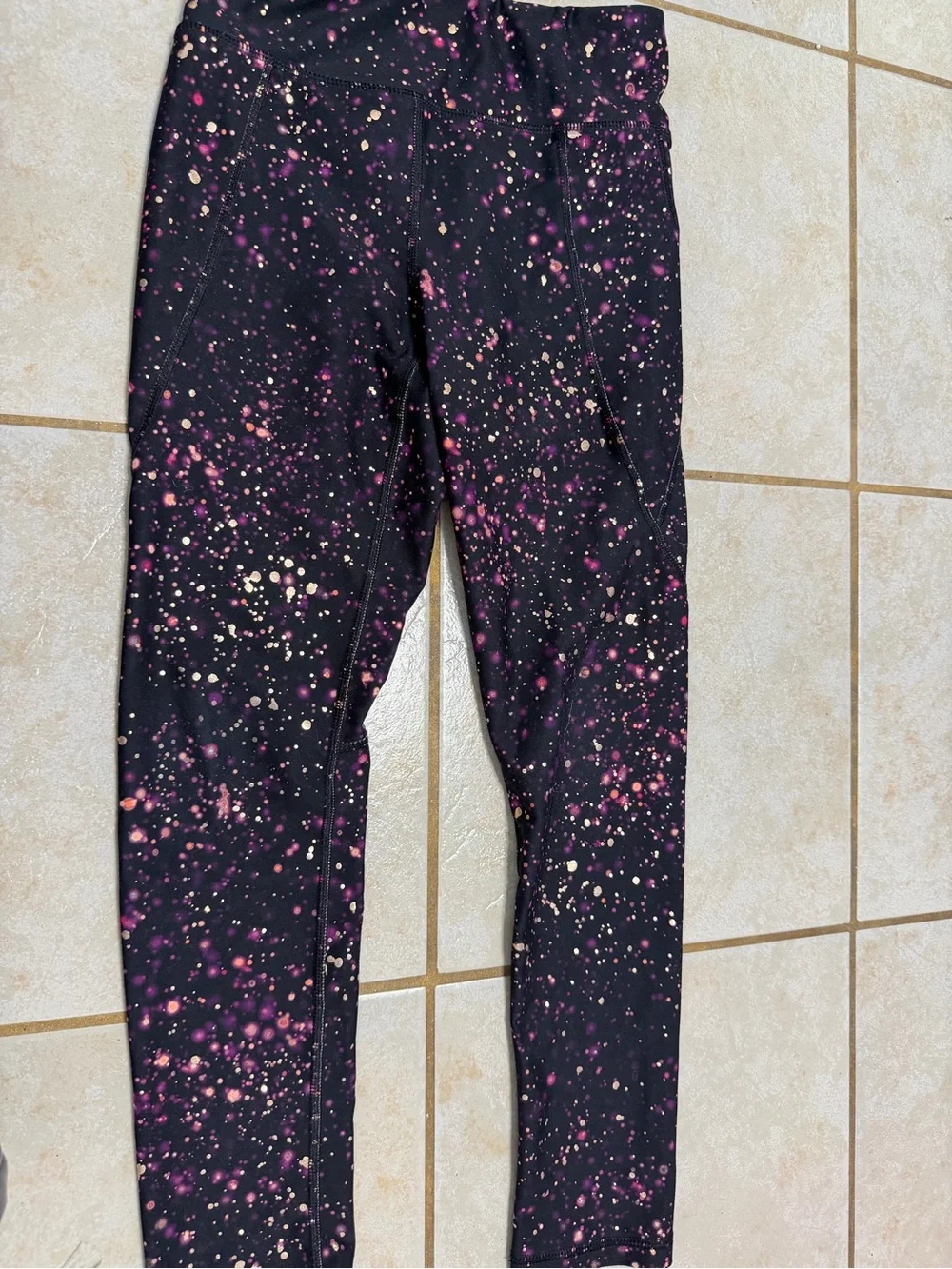 Old Navy Black Leggings with Purple & Gold Splatter Print